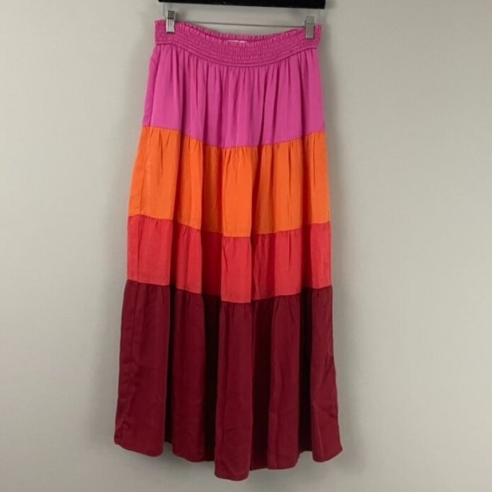 MARINE LAYER Colorblock Tiered Midi Slit Skirt In Fuschia Orange Red Pink Small - Picture 6 of 12